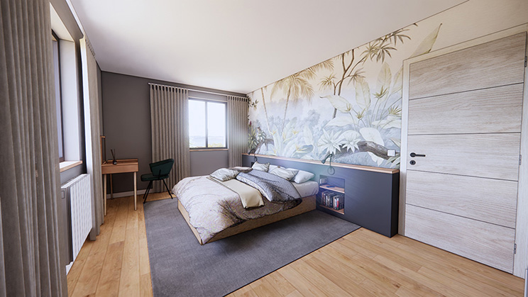 Chambre parentale moderne avec tête de lit sur mesure, papier peint panoramique jungle, parquet bois clair et mobilier design, projet d’architecte d’intérieur à Alès