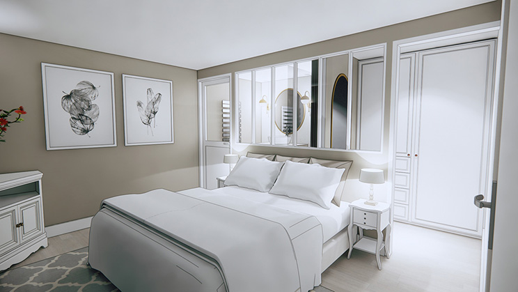 Aménagement d’un garage en chambre lumineuse et élégante, paroi vitrée, tons neutres et mobilier sur mesure