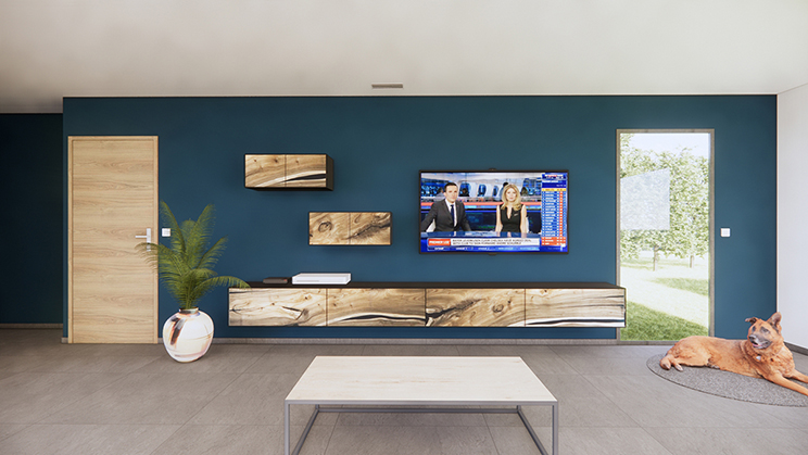 Salon moderne à Alès avec meuble TV sur mesure en bois naturel et mur bleu profond, conception d’architecte d’intérieur