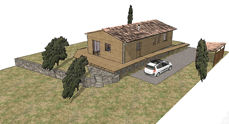 Perspective 3D d’une maison en ossature bois en Ardèche, dossier de permis de construire complet avec plans et documents administratifs