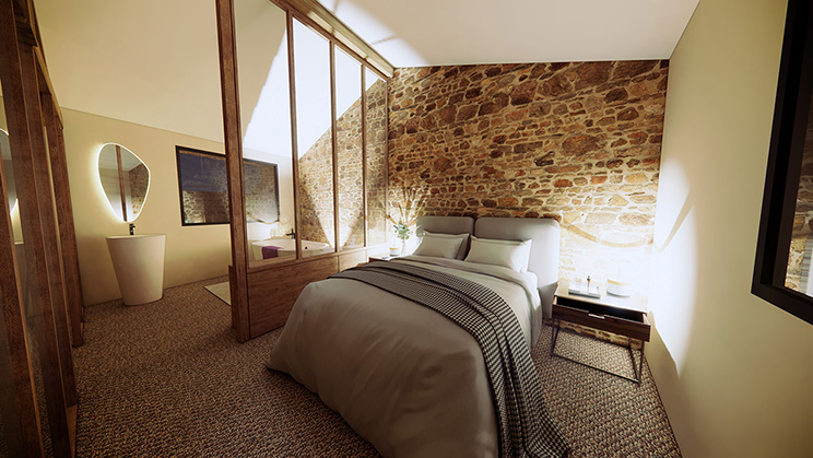 Projection 3D d’une chambre d’hôte dans un village du Gard, mur en pierre, cloison vitrée et ambiance douce et naturelle
