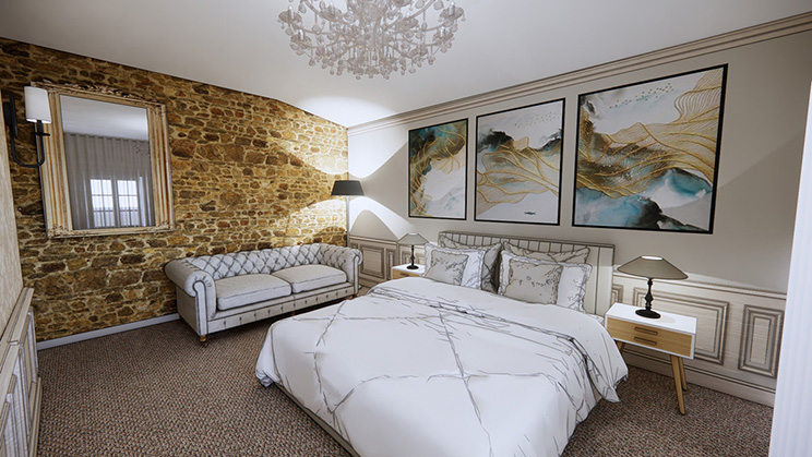 Projection 3D d’une chambre d’hôte de charme dans un château, mur en pierre apparente, mobilier classique et ambiance raffinée