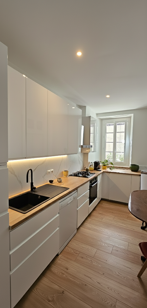 Rénovation de cuisine moderne par architecte d'intérieur à Alès, meubles blancs laqués, plan de travail en bois clair, crédence marbre et robinet noir design